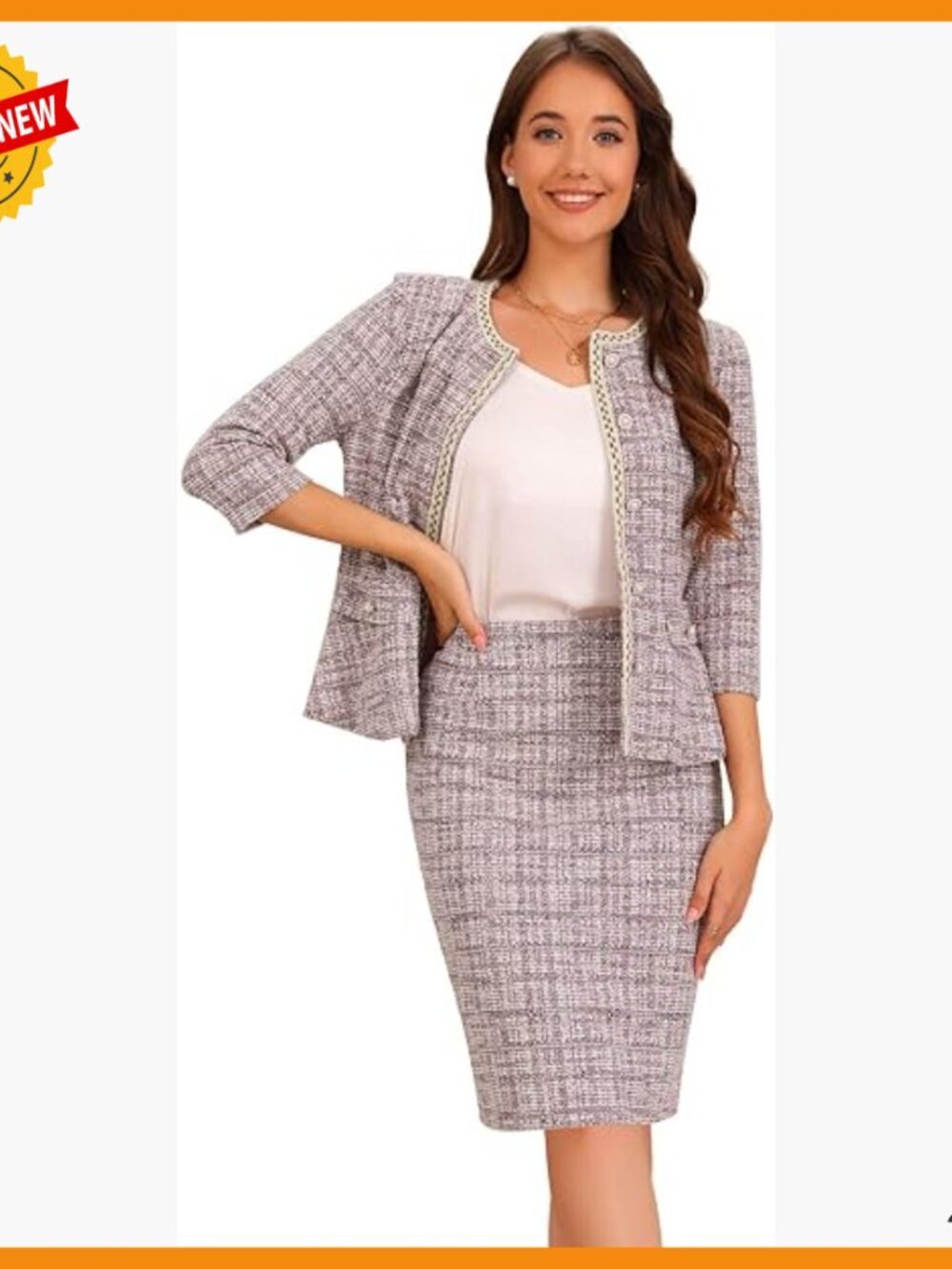 Tweed Skirt Suit Set with Jacket and Pencil Skirt for Business
